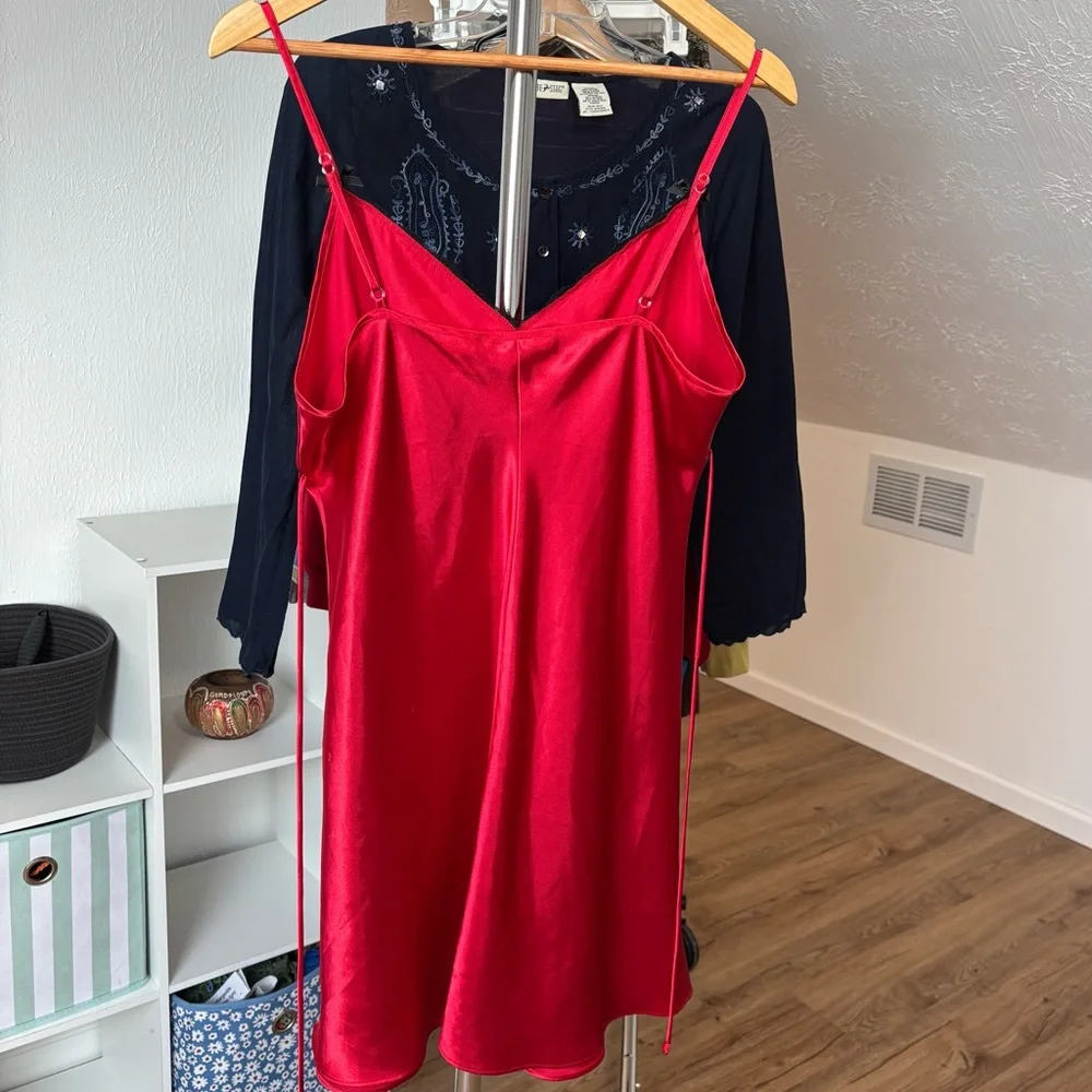 vtg California Dynasty red satin slip dress with lacey trim size large